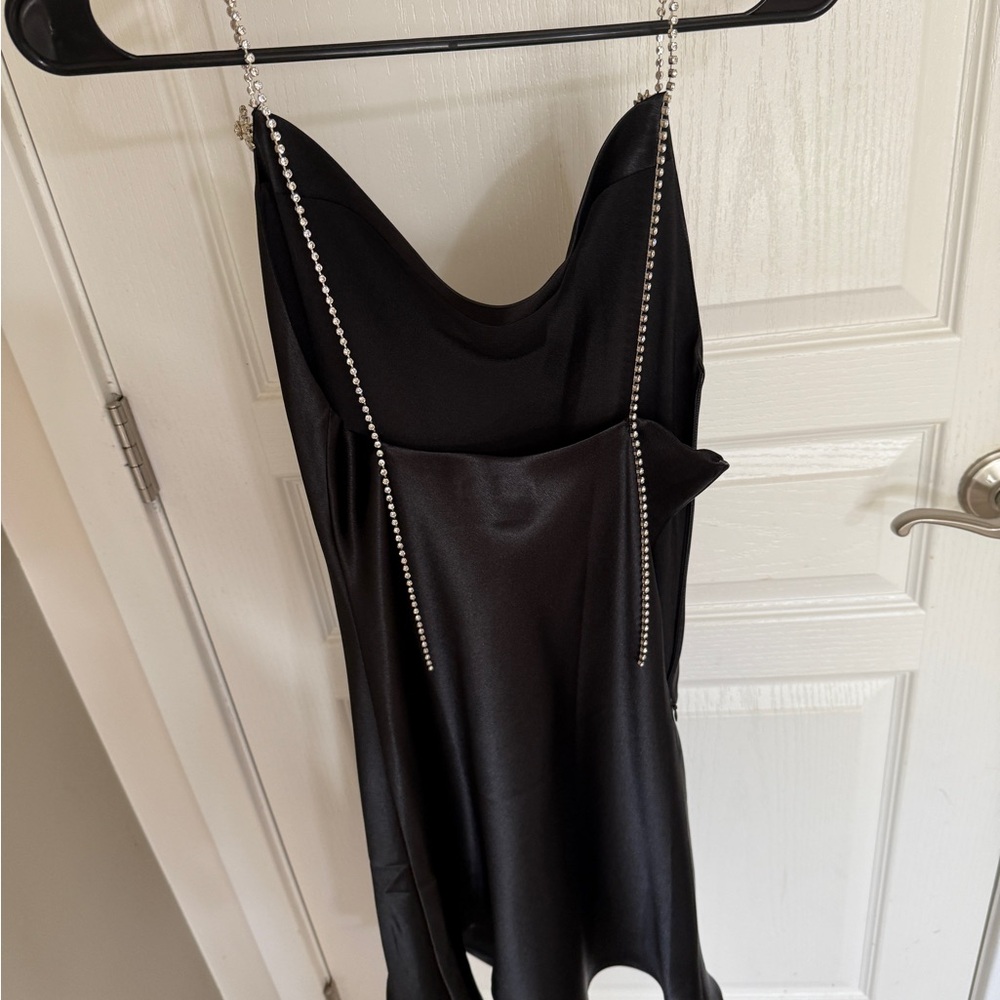 Elegant Black Satin Dress with Rhinestone Straps(brand new)